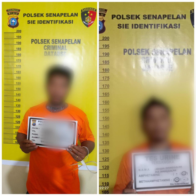 Kedua pelaku penyalahgunaan narkotika jenis sabu saat diamankan di Mapolsek Senapelan.